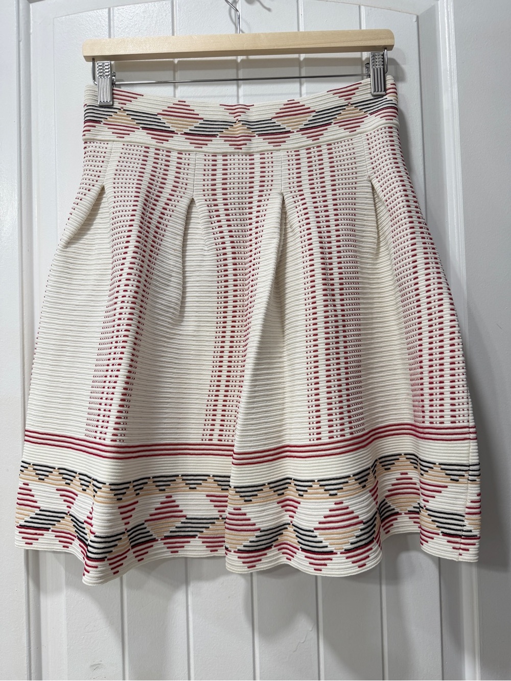 Maje Cream Skater Skirt with Pink, Black & Beige Pattern